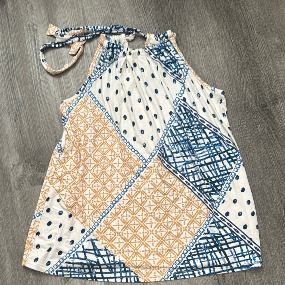 Loveappella Mixed Print Blue Halter Top- Small EUC